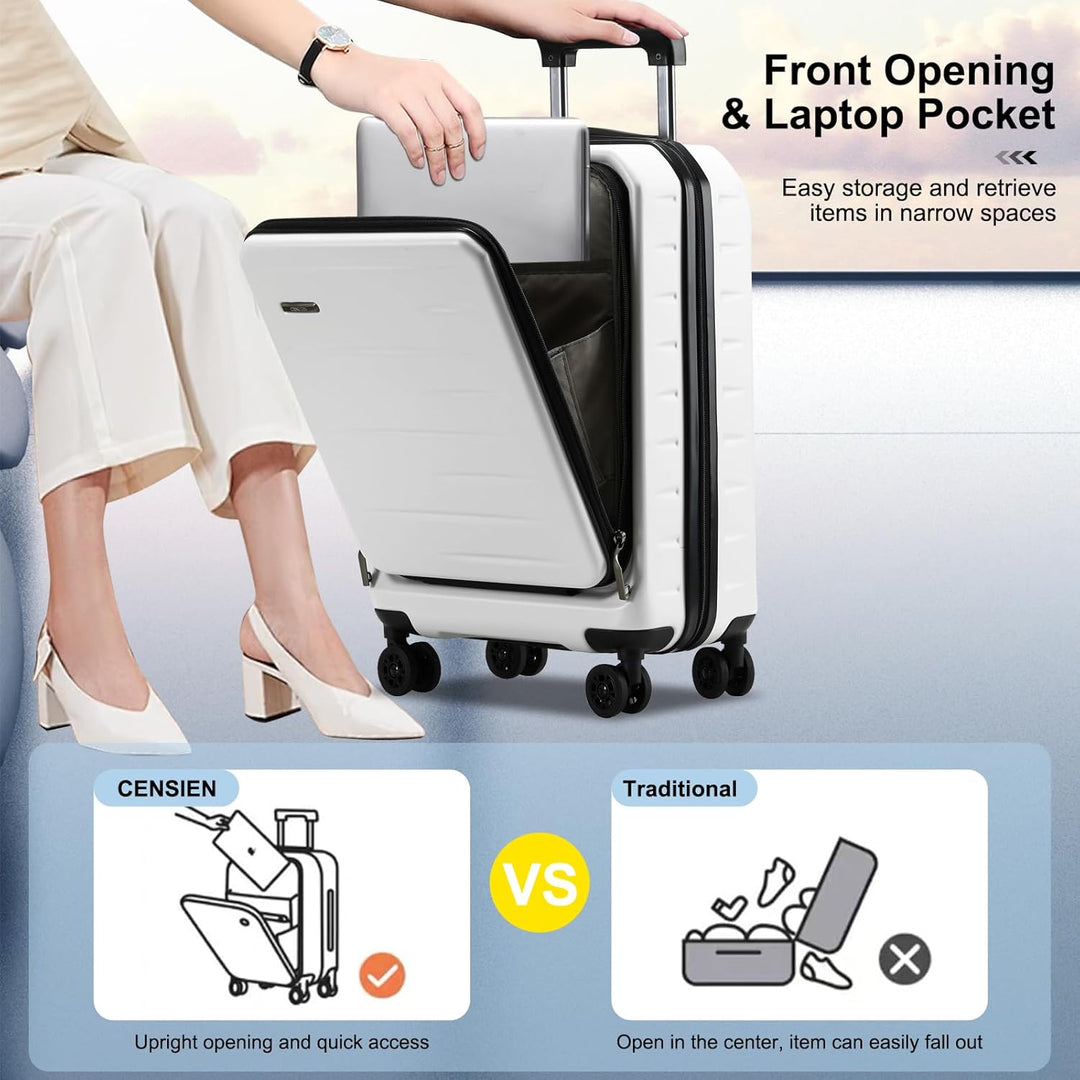 Modern unisex hardshell travel bag, expandable, with convenient front pocket & TSA security lock.
