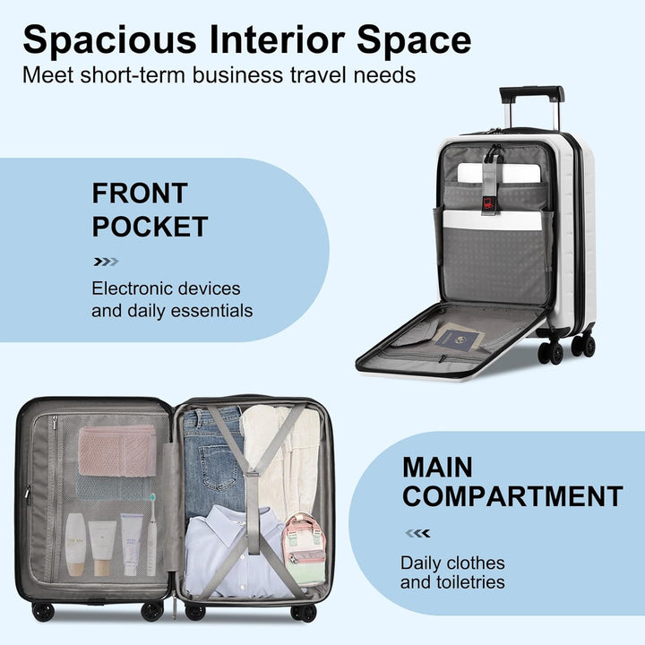 Hardshell carry-on luggage with front pocket, TSA lock & multidirectional spinner wheels.