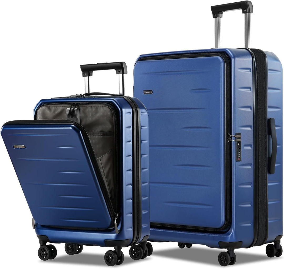 Stylish hardshell carry-on luggage with front pocket, TSA lock & quiet spinner wheels.