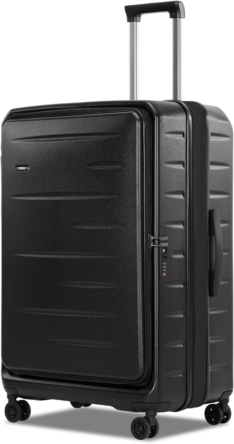 Hardshell carry-on travel bag, expandable, with a front pocket for laptops & TSA lock.