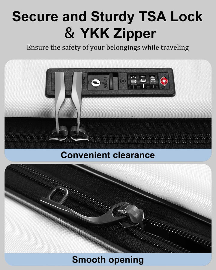 Robust hardshell carry-on for international travel, with front pocket, TSA lock & spinner wheels.