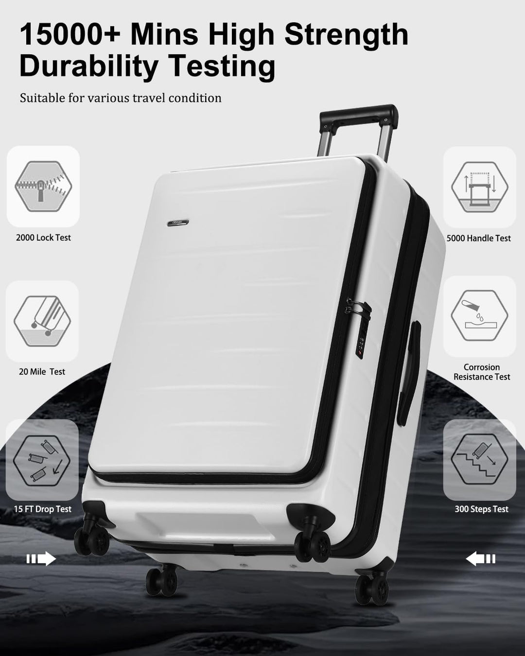 Hardshell carry-on suitcase with front pocket, TSA lock for peace of mind & spinner wheels.