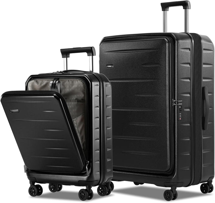 Durable hardshell carry-on with front pocket, TSA lock & easy-glide spinner wheels.