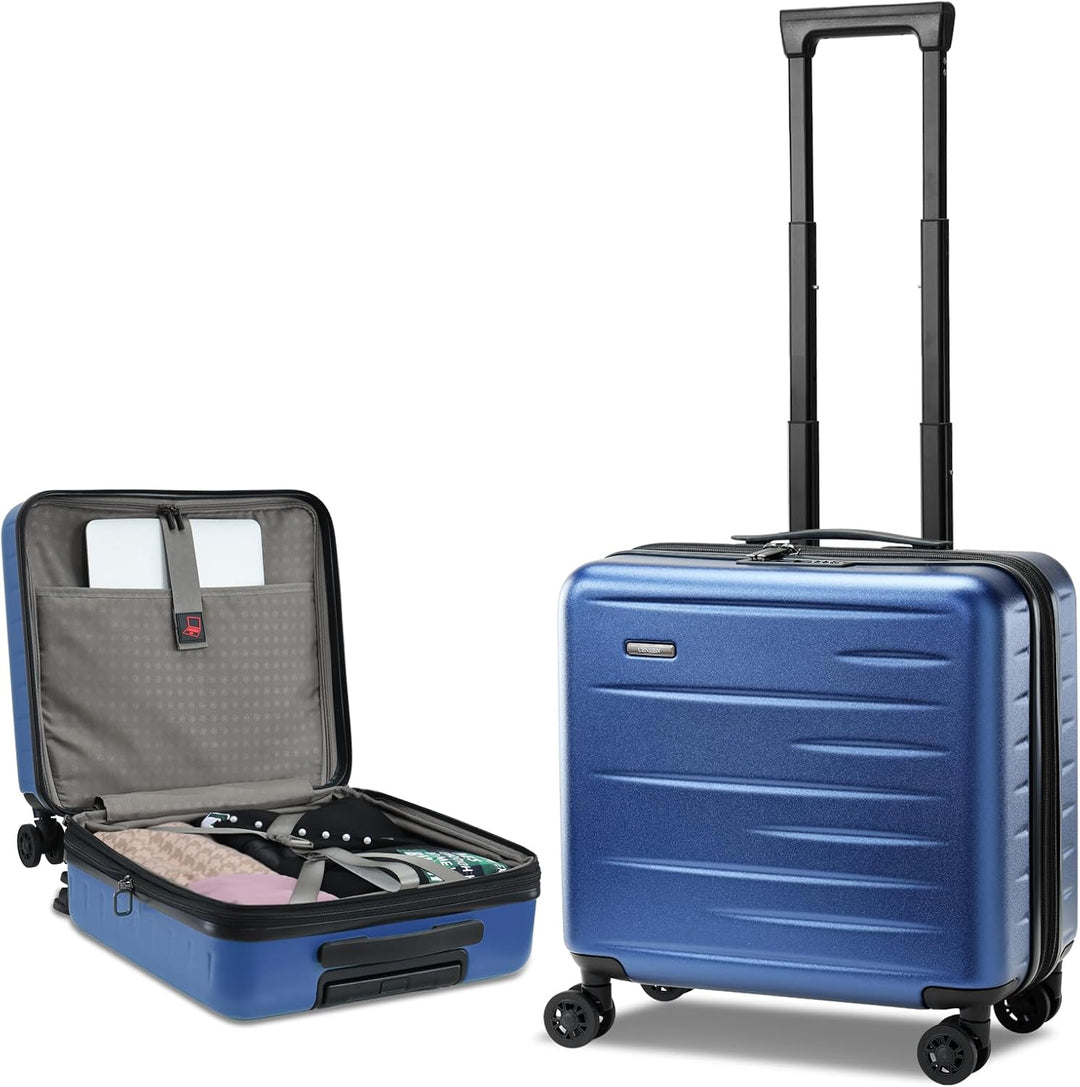 Compact hardshell carry-on for business or leisure, expandable, with front pocket & TSA lock.