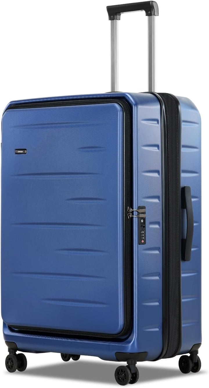 Modern hardshell carry-on with front pocket, TSA lock for secure contents & spinner wheels.