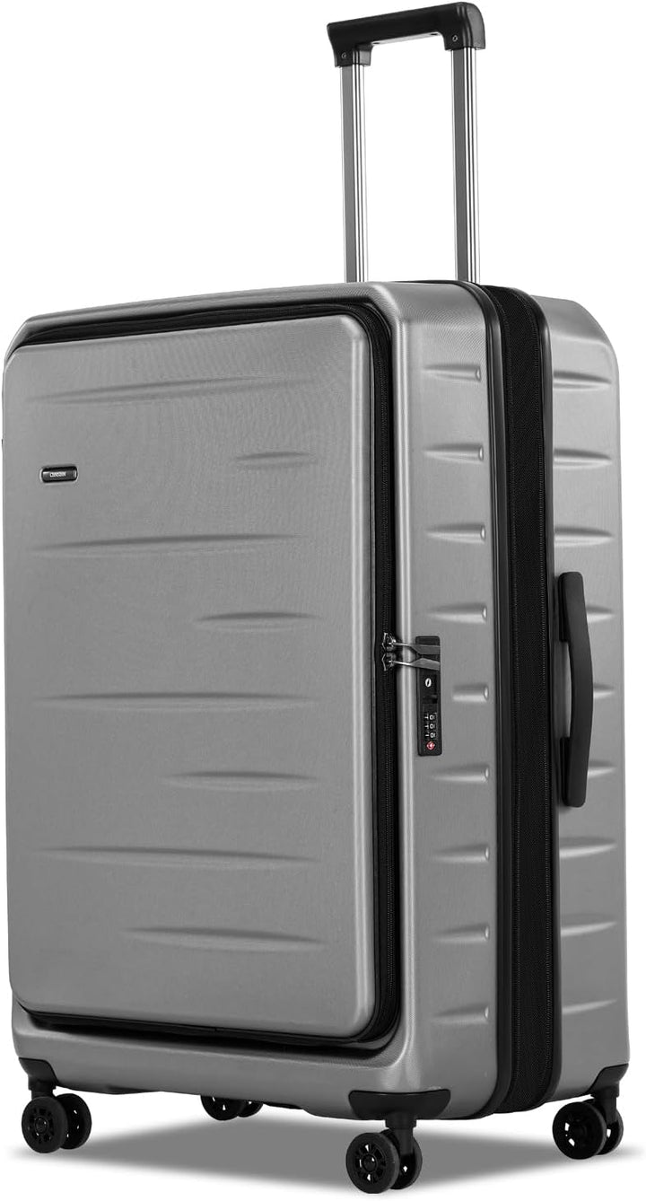 Compact hardshell carry-on travel bag with spinner wheels, front pocket & TSA lock.