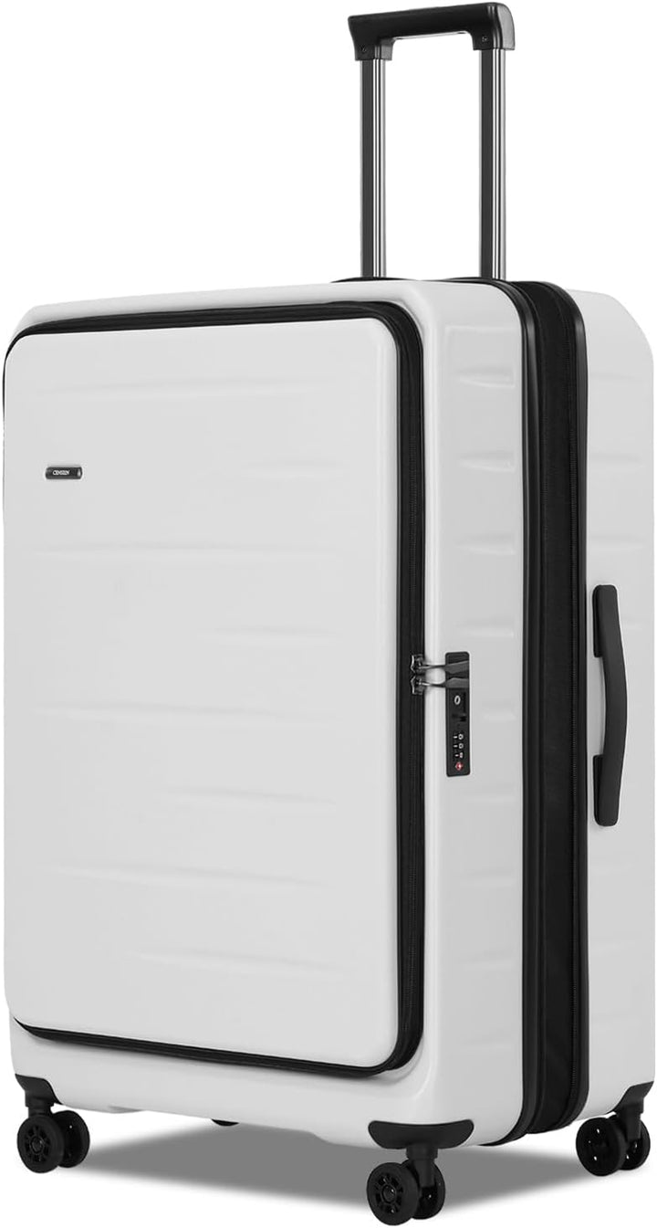 Modern hardshell carry-on suitcase, expandable, with a secure front pocket & integrated TSA lock.