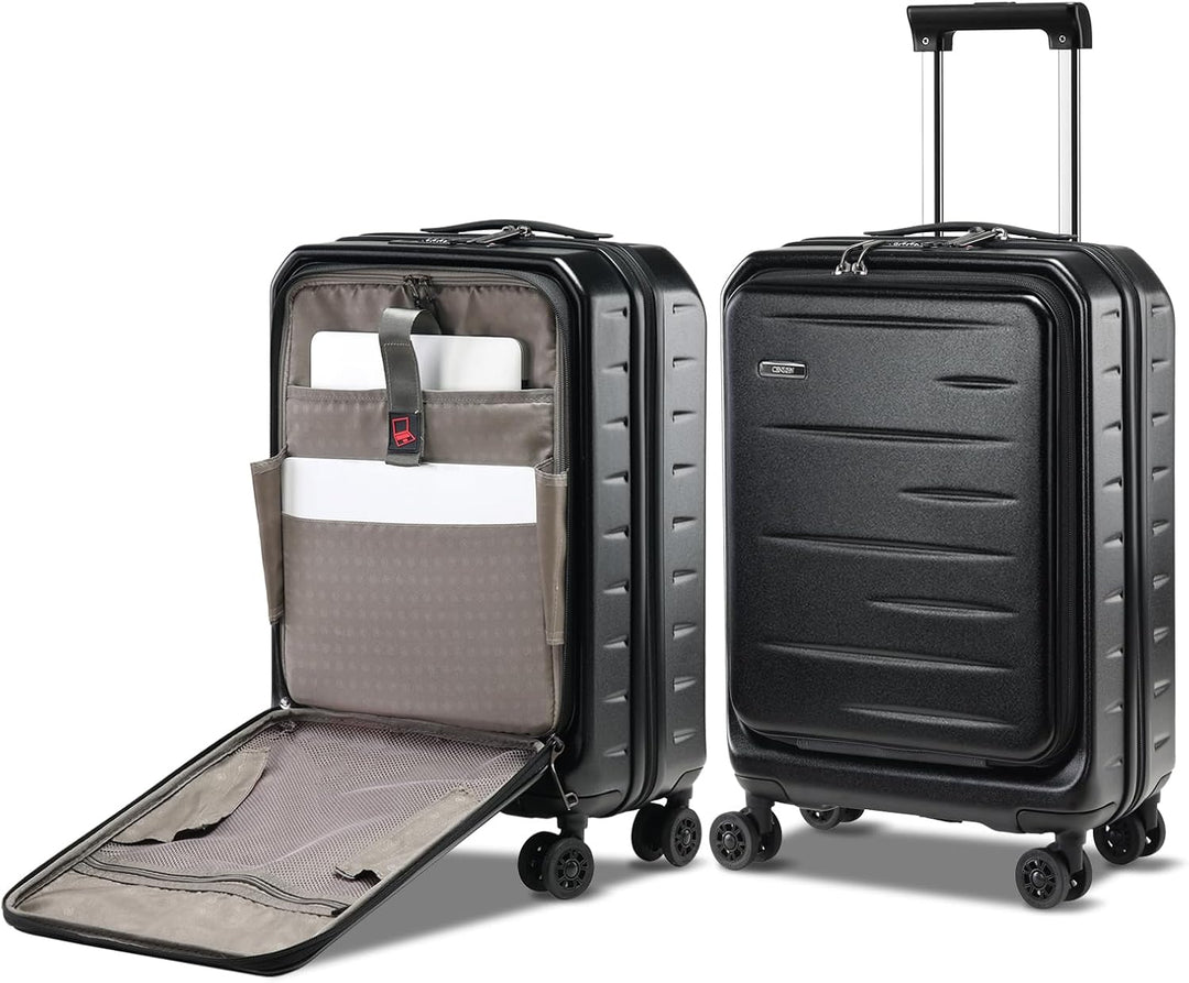 Sleek unisex hardshell carry-on luggage with smooth spinner wheels, front pocket & TSA lock.
