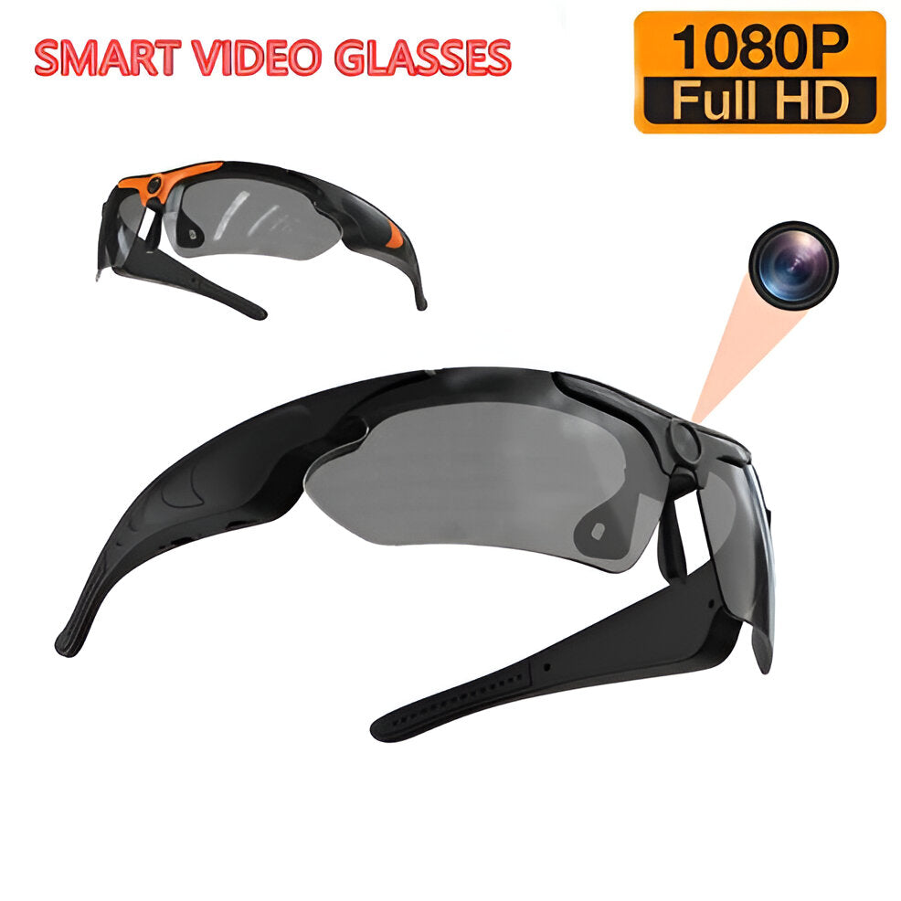 Black wearable tech camera sunglasses, HD video recorder for hands-free action sports & adventures.