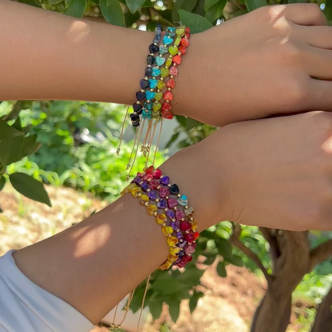 Beaded gemstone bracelet, handmade with natural stones, 'Heartline' design, adjustable and colorful.