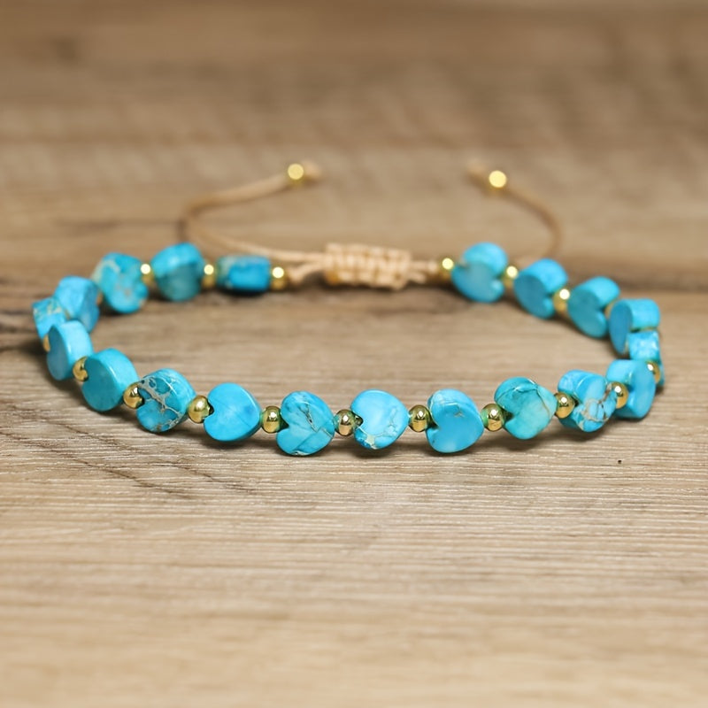 Colorful natural stone beaded bracelet with a heart design, handmade gemstone jewelry, adjustable.