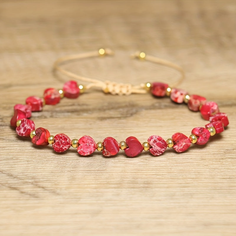 Unisex natural stone beaded bracelet, 'Heartline' design, adjustable, handmade, colorful gemstones.