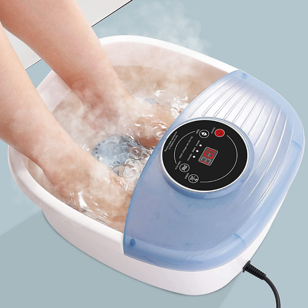 Unisex heated foot spa massager with soothing bubbles and vibration for ultimate foot relaxation and comfort.