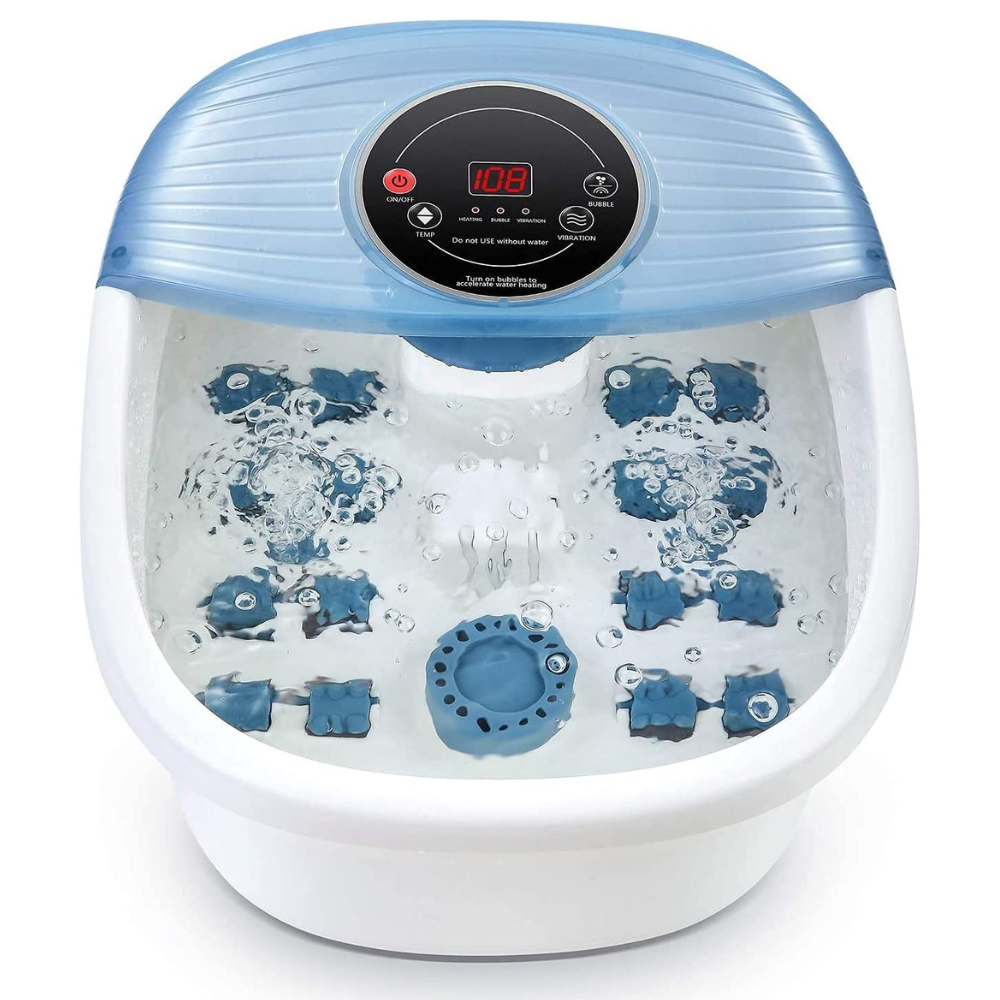Temperature-controlled foot spa massager providing bubble and vibration foot bath for daily foot care.