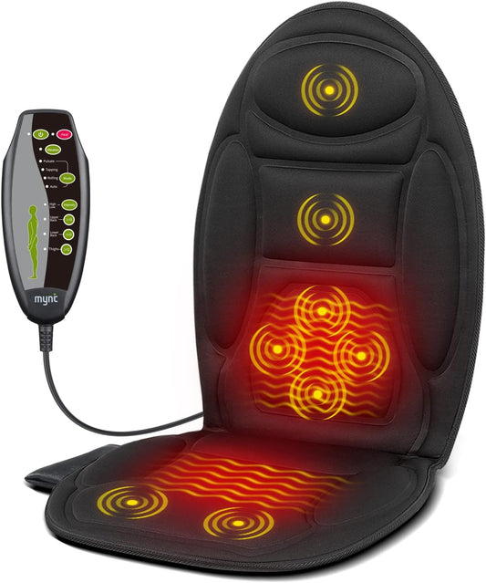 Unisex heated massage cushion for car and chair. Features back and thigh vibration massage for stress and pain relief.
