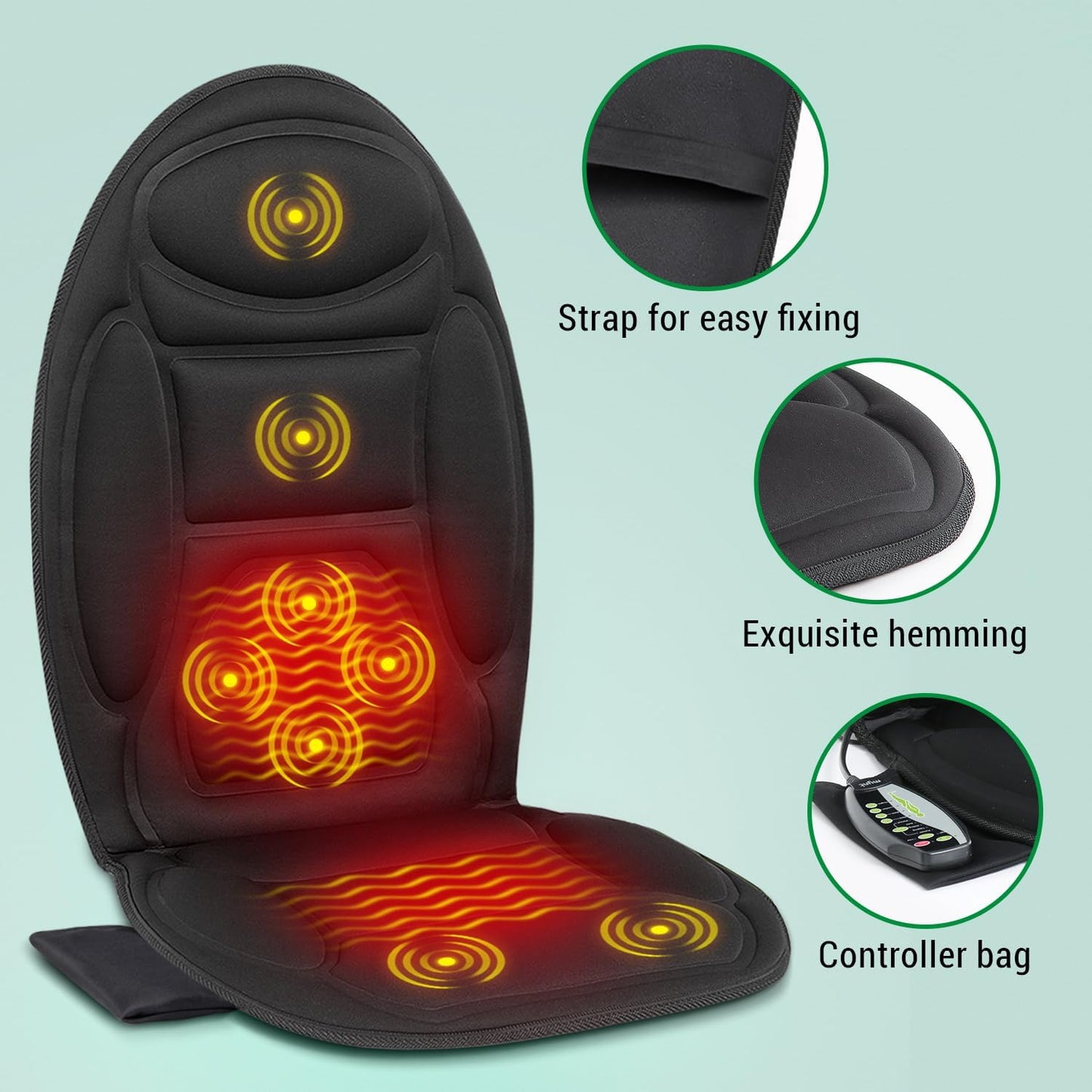 Heated back and thigh massage cushion provides soothing vibration for pain relief and stress reduction in any chair.