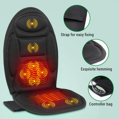 Heated back and thigh massage cushion provides soothing vibration for pain relief and stress reduction in any chair.
