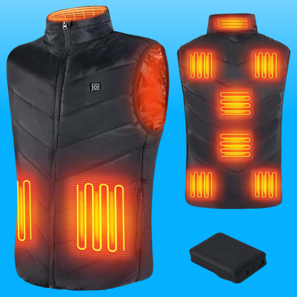 Unisex heated vest with power bank for ultimate winter warmth. Electric, rechargeable, ideal for cold weather outdoor gear.