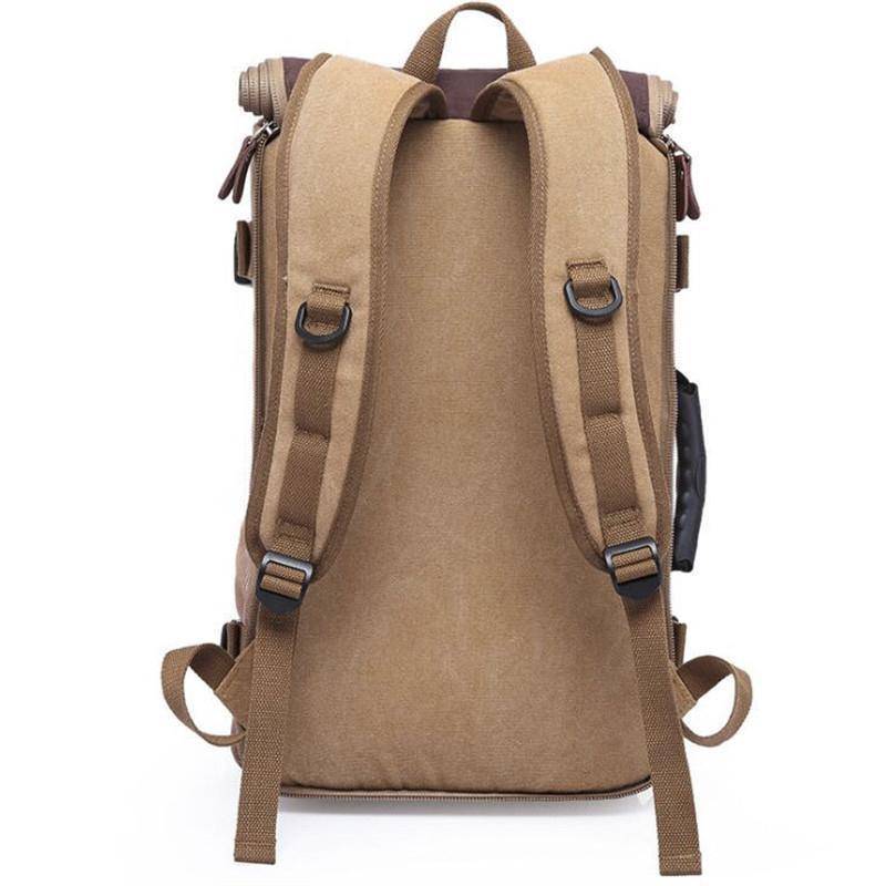 Front view of a rugged canvas backpack, great for travel, hiking, and camping trips.
