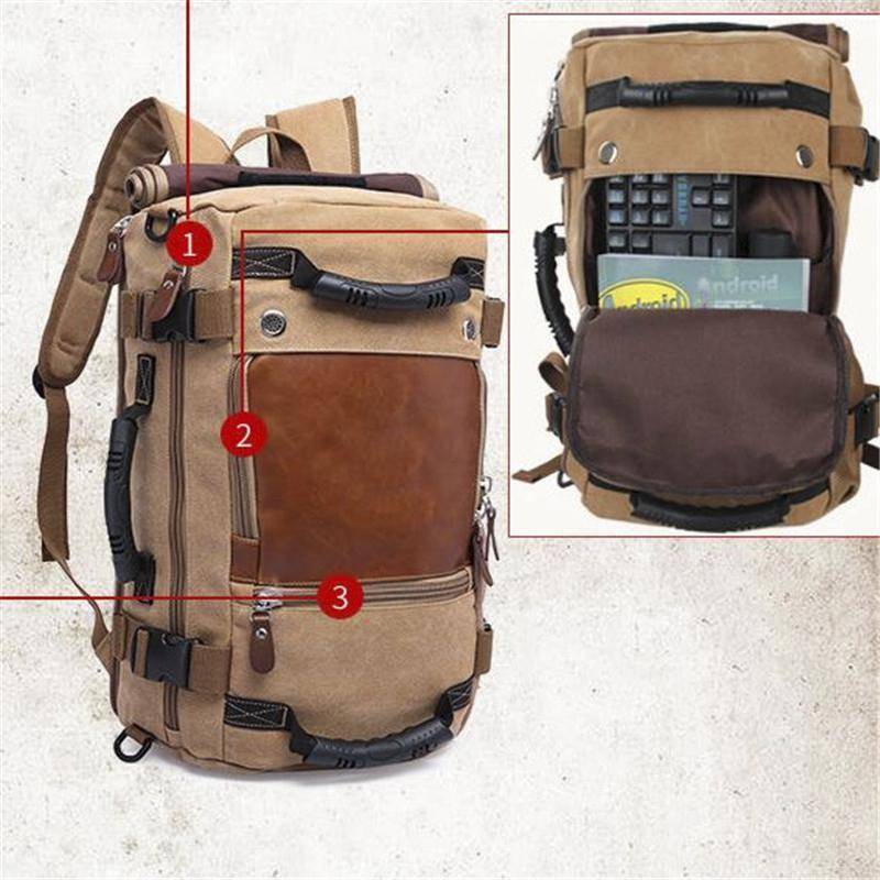 Close-up of the durable canvas texture on a traveler backpack, built for hiking and adventure.