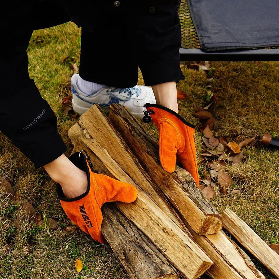Unisex heavy-duty heat-resistant work gloves, essential for safe handling during BBQ, camping, and fire pit activities.
