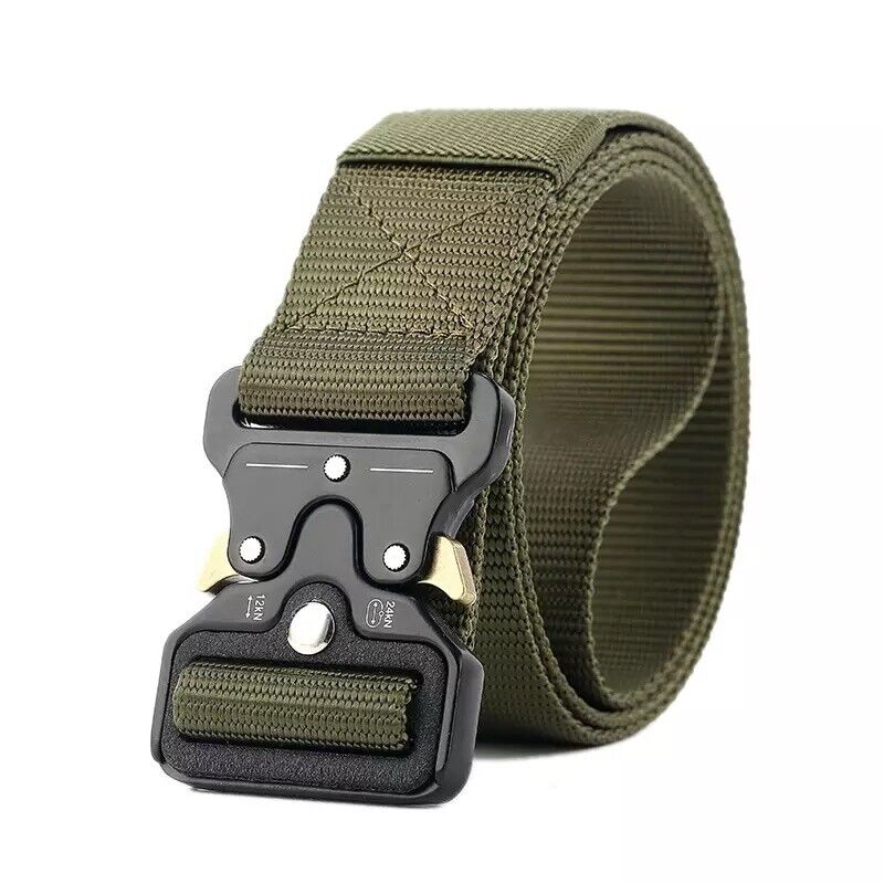 Unisex heavy duty tactical belt with quick release metal buckle, black nylon webbing, for outdoor gear