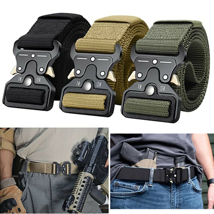 Military-style quick release utility belt, adjustable black nylon webbing, robust metal buckle