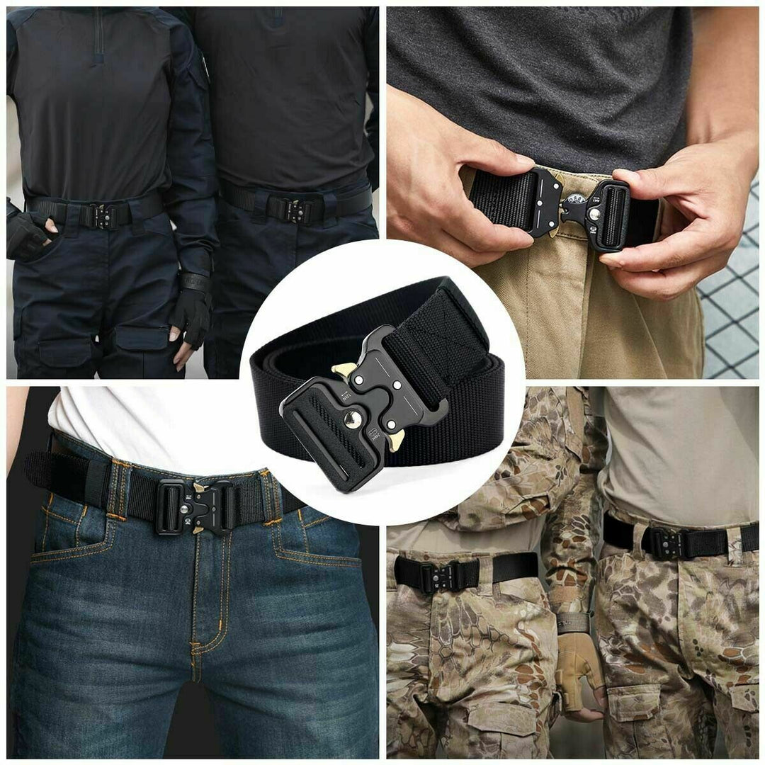 Adjustable quick release tactical belt, black webbing, durable metal buckle, perfect for utility use