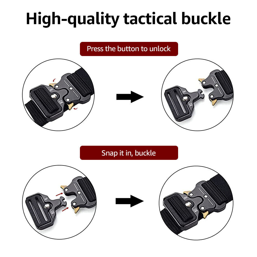 Durable black tactical belt with quick release function, strong nylon webbing, essential outdoor gear