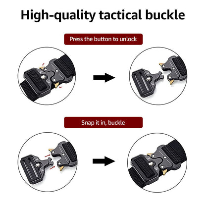 Durable black tactical belt with quick release function, strong nylon webbing, essential outdoor gear
