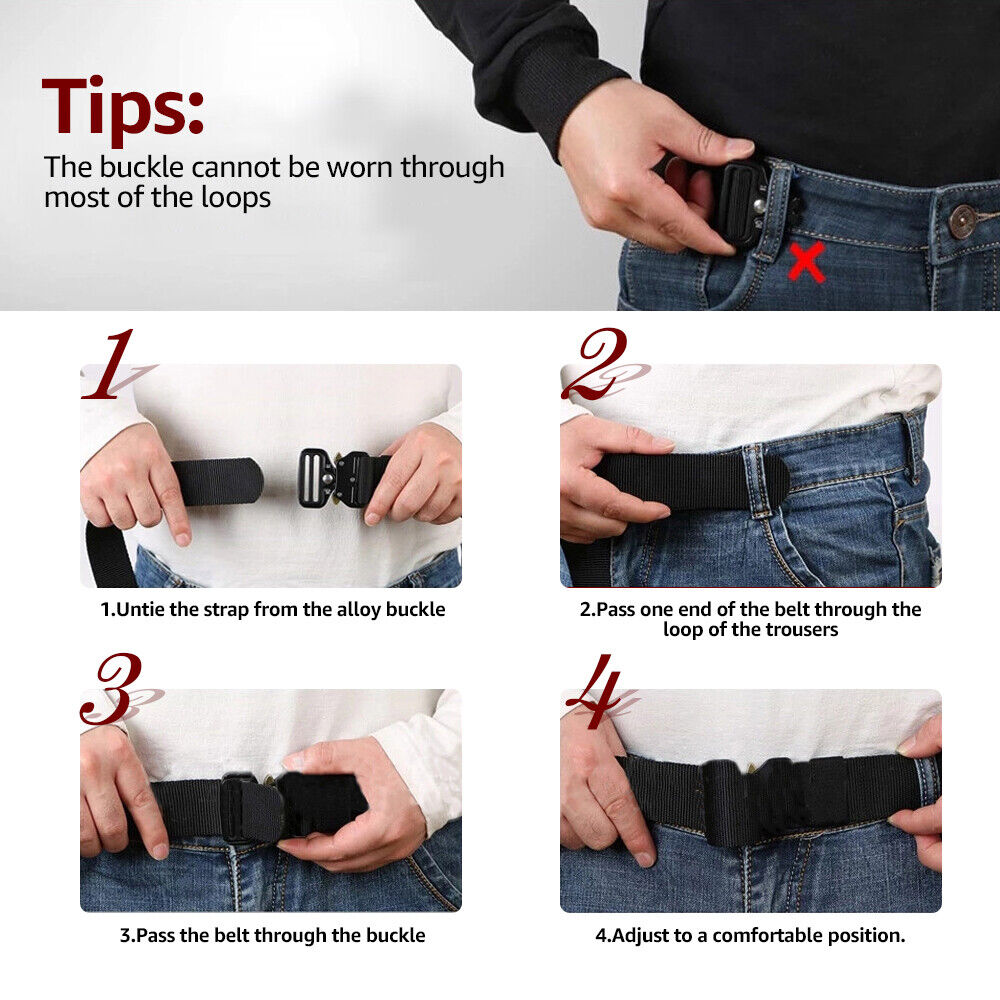 Military-grade quick release belt, heavy duty nylon, black color, metal buckle for reliable hold