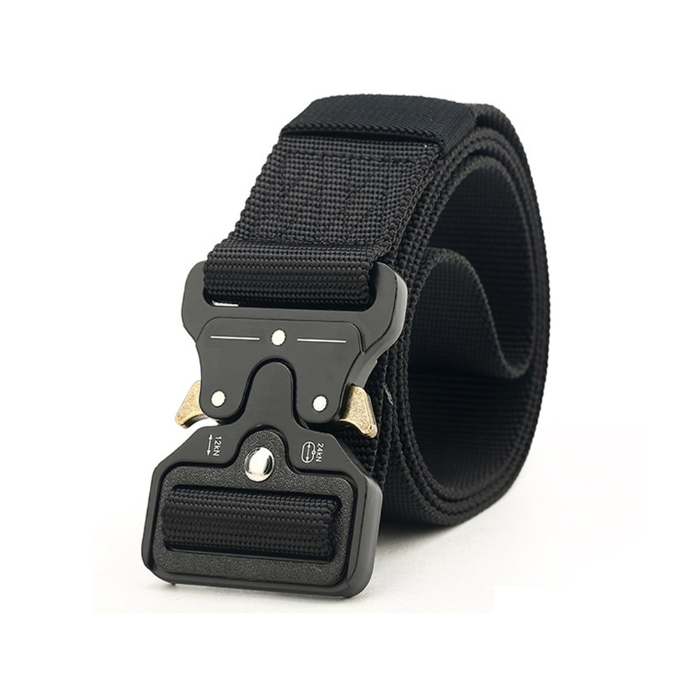 Unisex adjustable tactical belt, black nylon webbing & quick release metal buckle for outdoor activities