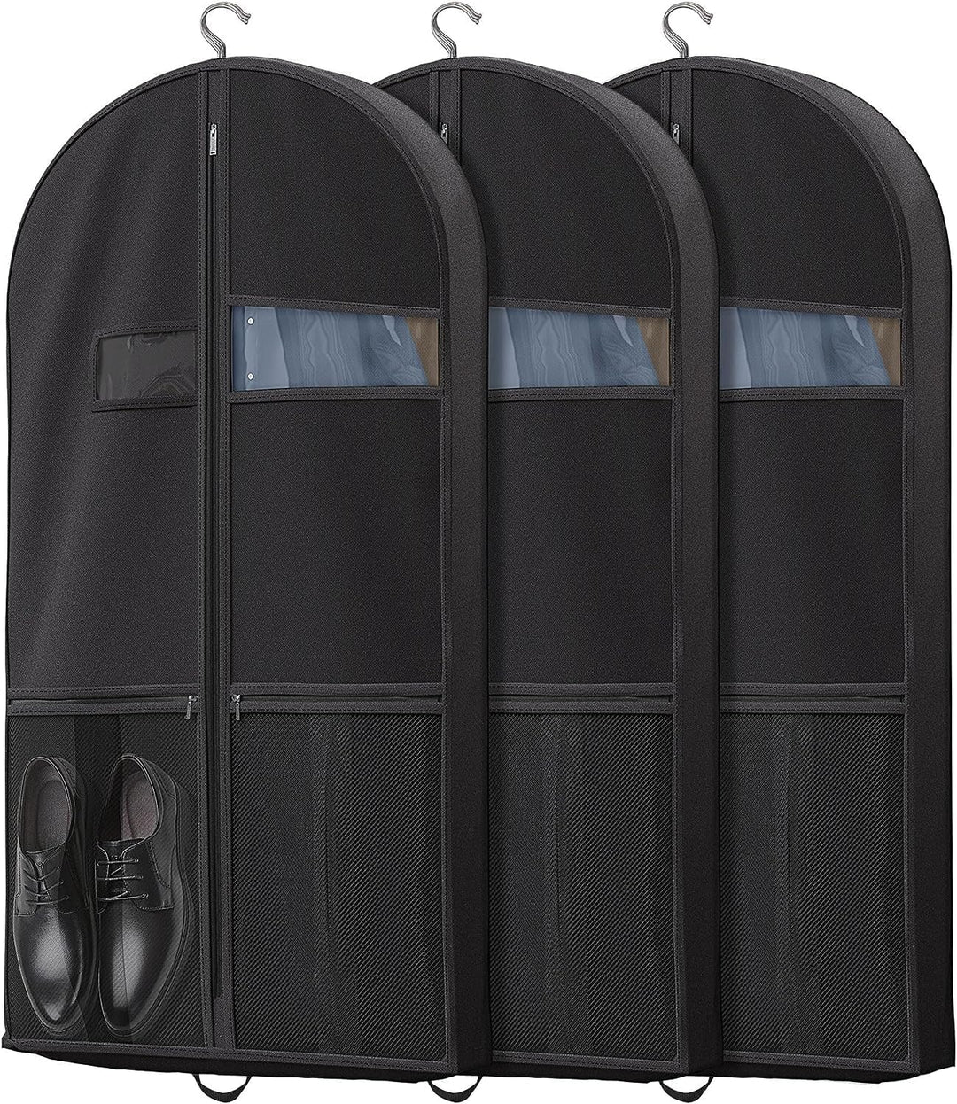 Unisex heavy-duty travel garment bag with clear window & pockets for organized clothing protection.