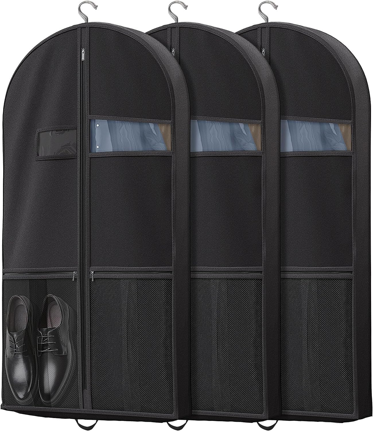 Unisex heavy-duty travel garment bag with clear window & pockets for organized clothing protection.