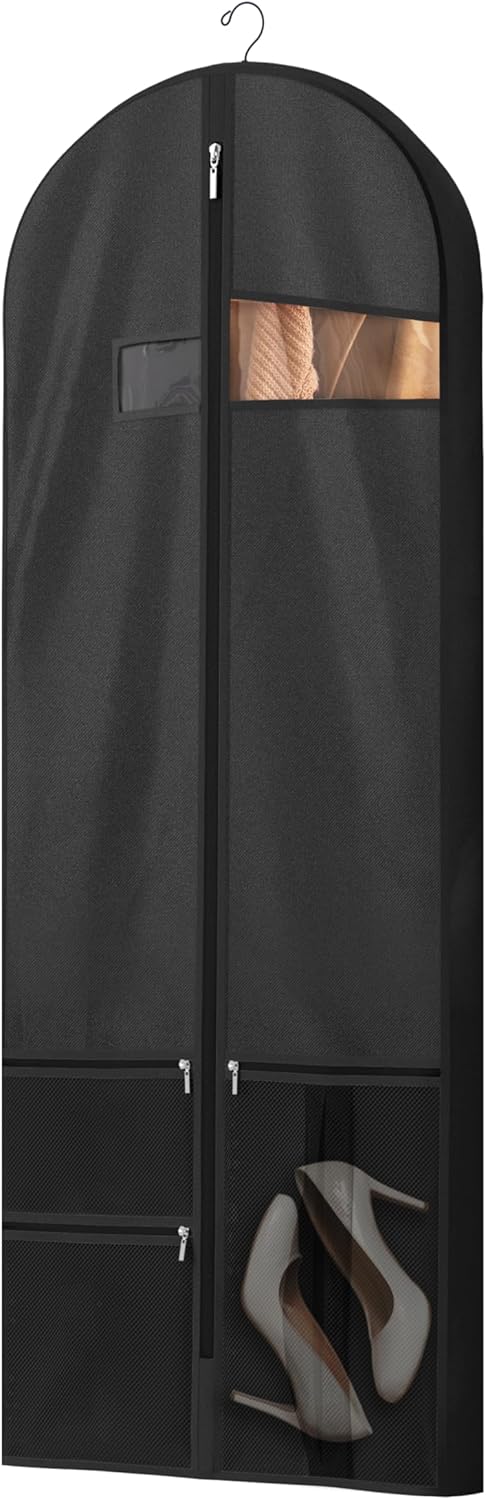 Unisex heavy-duty travel bag for clothes protection, clear window, multiple pockets for essentials.