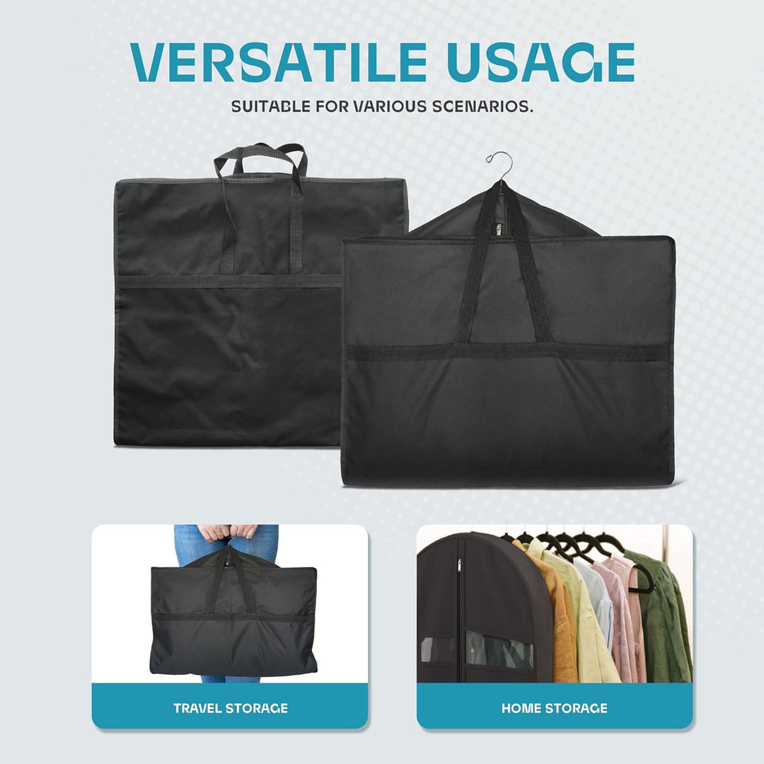 Durable travel garment bag, clear window & accessory pockets, ideal for suits and dresses.