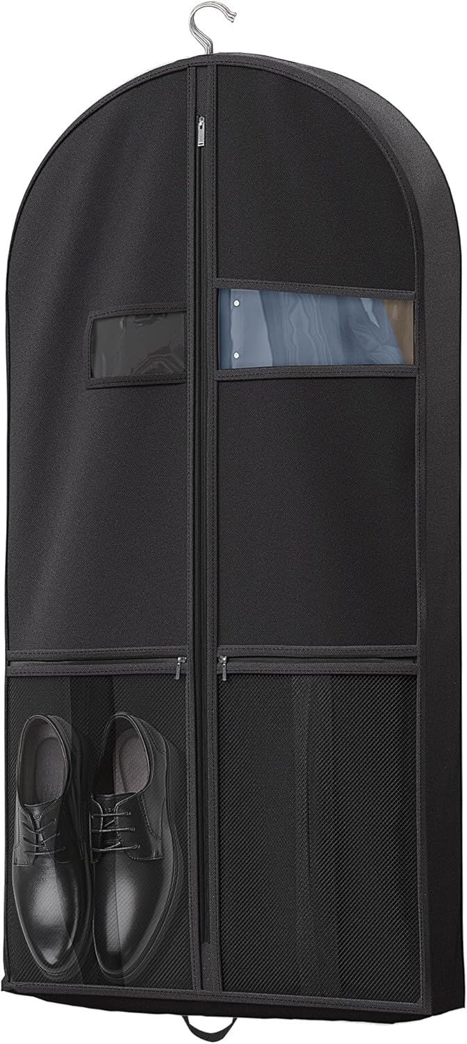 Heavy-duty garment protector, clear window, multiple pockets, perfect for organized business trips.