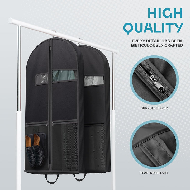 Travel accessory: unisex heavy-duty garment bag, clear window, pockets for organized packing, durable.