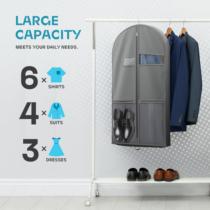 Unisex travel suit carrier, heavy-duty fabric, clear ID window, accessory storage pockets.
