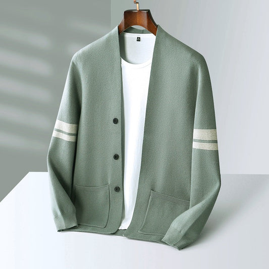 Unisex Heritage Premium Cardigan, a classic striped button-up knitwear for elegant layering & comfort.