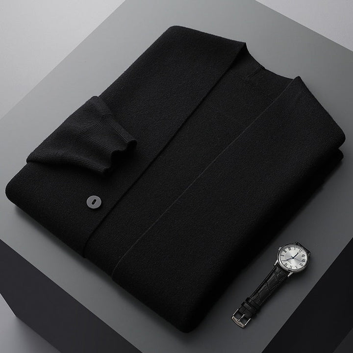 Elegant premium knit cardigan with heritage stripes, a comfortable unisex button-up for classic layering.