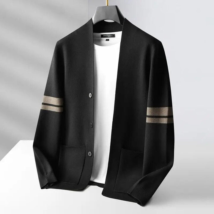 Striped premium knit cardigan, a comfortable button-up unisex piece for elegant layering & heritage style.
