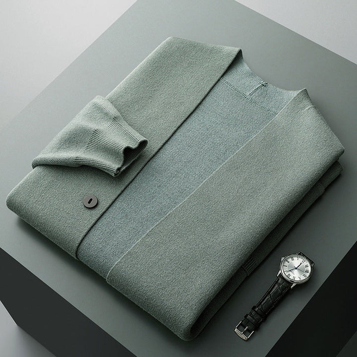 Elegant striped unisex cardigan, a premium knitwear piece for sophisticated layering and warmth.