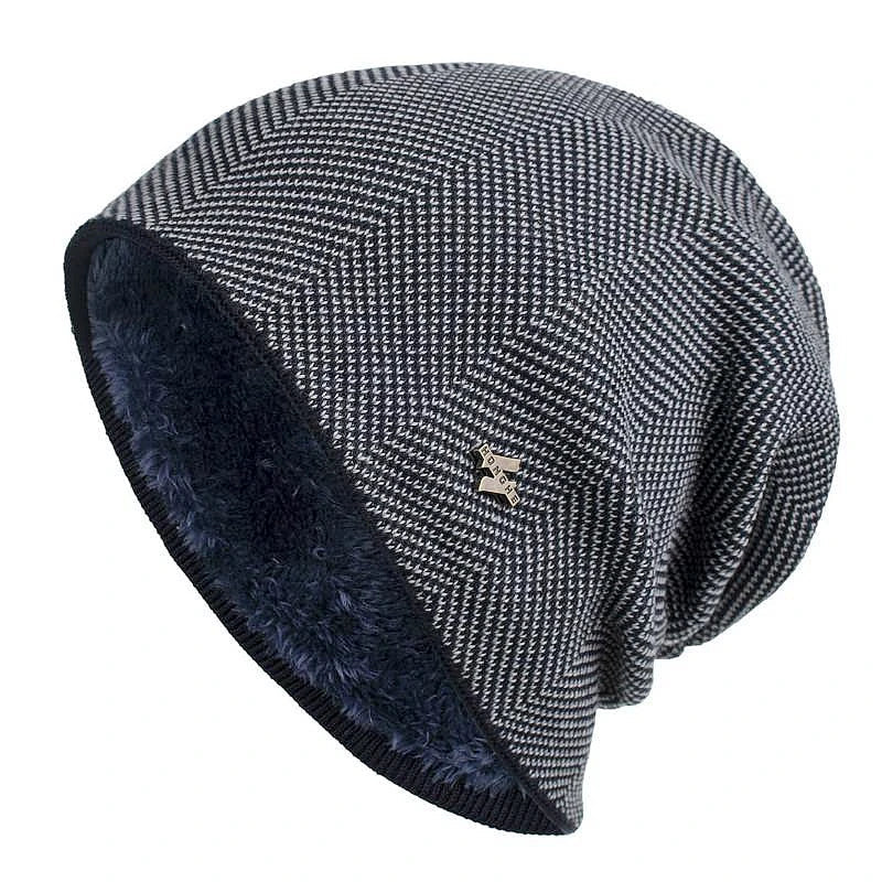 Comfortable unisex herringbone knit beanie hat for cold weather. Features a classic, warm knit design.