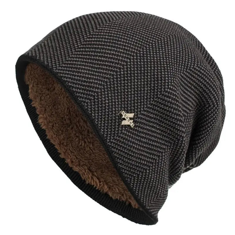 Front view of a warm unisex herringbone knit beanie hat, excellent for winter outdoor activities.