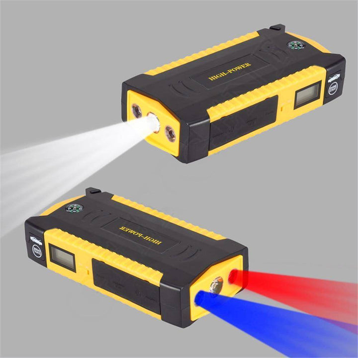 Compact car jump starter power bank for automotive, outdoor gear, and survival, showing USB ports