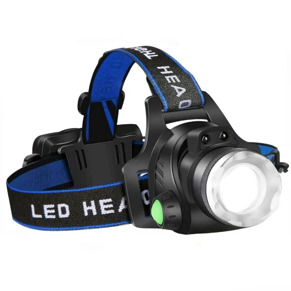 Unisex high-power rechargeable LED headlamp with zoomable torch for outdoor adventures and camping.