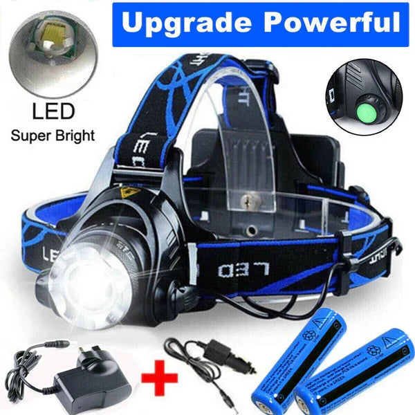 Hiker wearing a powerful LED headlamp providing hands-free light for night hiking and exploration.