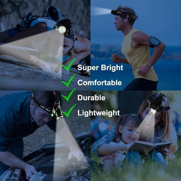 Rechargeable LED headlamp with bright beam, essential for hands-free outdoor tasks and emergency lighting.