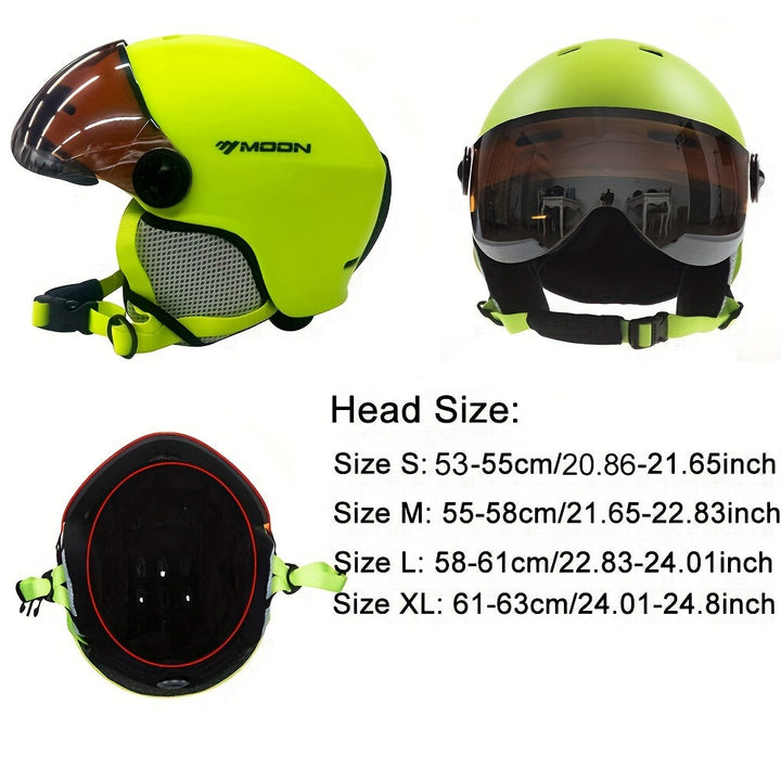 Protective snowboard helmet, unisex design for various head sizes, adjustable.